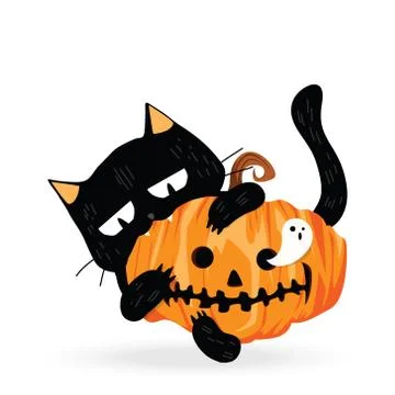 Funny cute black cat biting scary pumpkin and spooky ghost. Stock Illustration