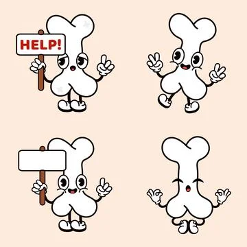 Funny cute Bone characters bundle set. Vector hand drawn doodle style tradi.. Illustrazione stock