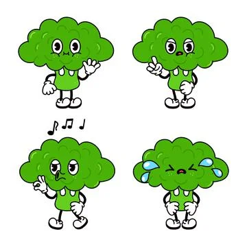 Funny cute broccoli characters bundle set. Vector hand drawn doodle style tra Stock Illustration