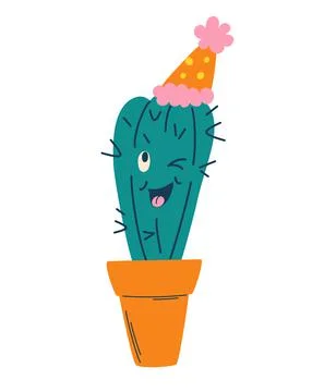 Funny cute cactus. Winking face. Cartoon cactus in a hat. For printing postca Stock Illustration