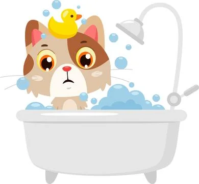 Funny Cute Cat Character Taking Bath In Bathtub With Rubber Duck And Bubbles Stock Illustration