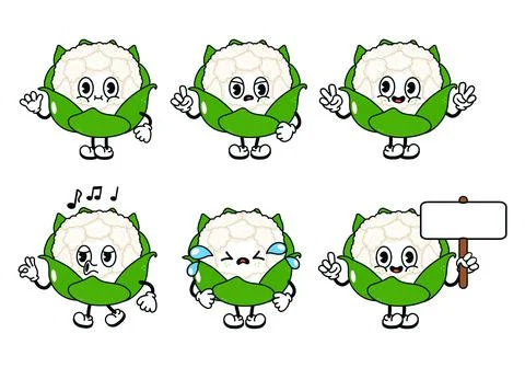 Funny cute cauliflower characters bundle set. Vector hand drawn doodle style  Illustrazione stock