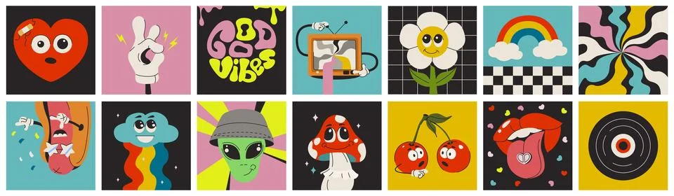 Funny cute characters, square posters with groovy elements and faces Stockillustratie