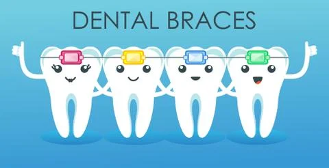Funny cute characters teeth in braces. Pediatric dentistry Stock Illustration