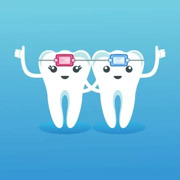 Funny cute characters teeth in braces. Pediatric dentistry, oral care Illustrazione stock