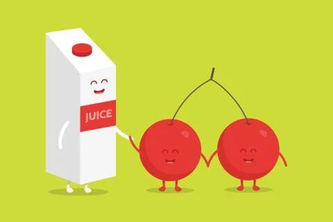 Funny cute cherry juice packaging and glass drawn with a smile, eyes and hand 스톡 일러스트
