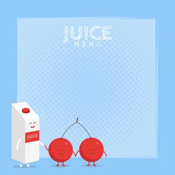 Funny cute cherry juice packaging and glass drawn with a smile, eyes and hand 库存插图