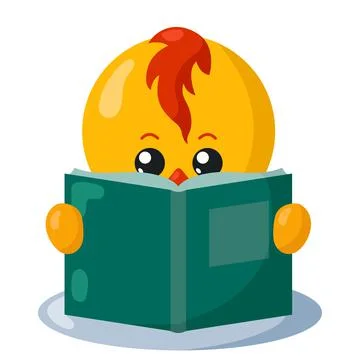 Funny cute chick reading book in flat design with shadows. Illustrazione stock