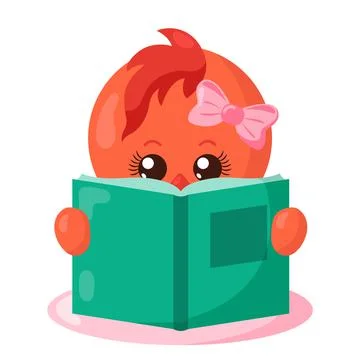 Funny cute chick reading book in flat design with shadows. Illustrazione stock