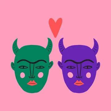 Funny cute comic devils Valentines doodle characters イラスト素材