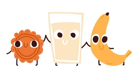 Funny cute cookie, milk and banana characters. Illustrazione stock