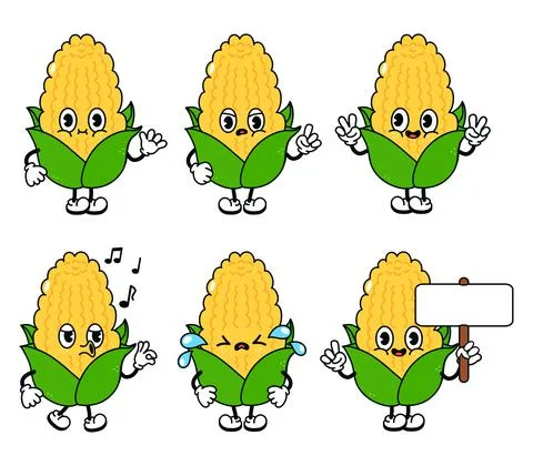 Funny cute corn characters bundle set. Vector hand drawn doodle style traditi Illustrazione stock