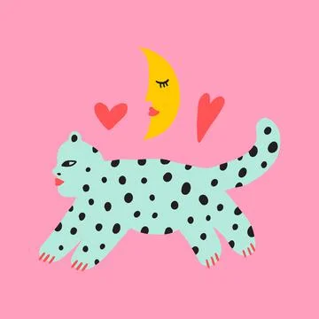Funny cute doodle comic crescent Moon and cat Valentines Stock Illustration