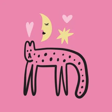 Funny cute doodle comic crescent Moon and cat Valentines characters Stock Illustration