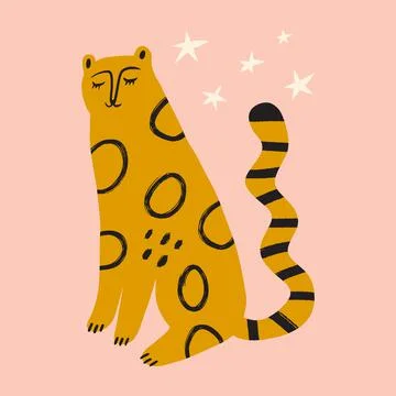 Funny cute doodle comic leopard cat characters handdrawn art イラスト素材