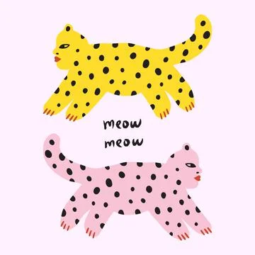 Funny cute doodle comic leopards cat characters handdrawn childish art イラスト素材