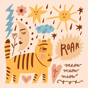 Funny cute doodle comic tiger and crescent Moon and cat Valentines characters Stock Illustration