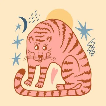 Funny cute doodle comic tiger Valentines character handdrawn childish art Illustrazione stock
