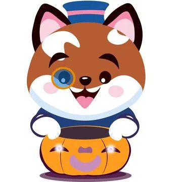 A funny cute fox cub dressed up for the Halloween holiday and brought a pumpkin Stock Illustration