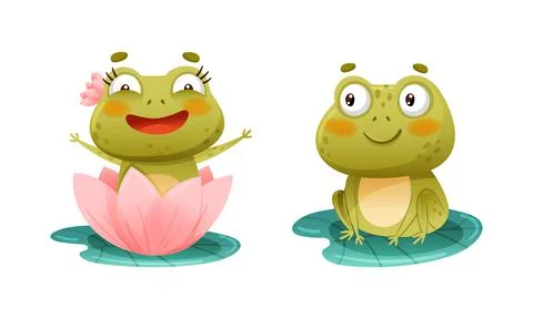 Funny cute frogs set. Happy amphibian animal character sitting on green leaves Illustrazione stock