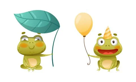 Funny cute frogs in various poses. Lovely amphibian animal character sitting Illustrazione stock