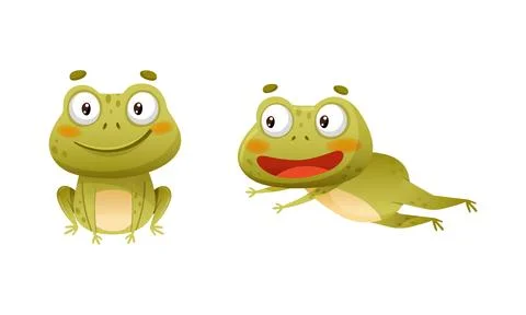 Funny cute frogs in various poses. Lovely amphibian animal character sitting and Illustrazione stock