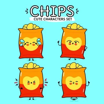 Funny cute happy Chips characters bundle set. Vector hand drawn doodle styl.. Stock Illustration