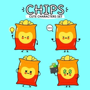 Funny cute happy Chips characters bundle set. Vector hand drawn doodle styl.. Illustrazione stock