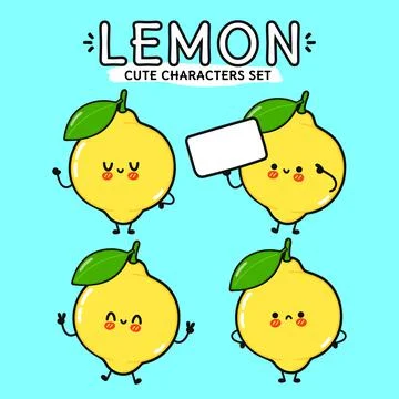 Funny cute happy lemon characters bundle set. Vector hand drawn doodle style  Stock Illustration