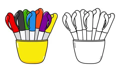 Funny cute happy Multi-colored pens characters bundle set. Vector hand draw.. Stock Illustration