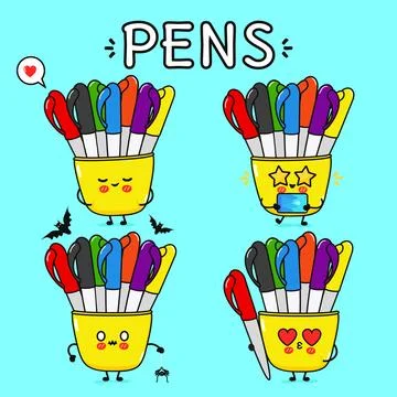 Funny cute happy Multi-colored pens characters bundle set. Vector hand draw.. Illustrazione stock