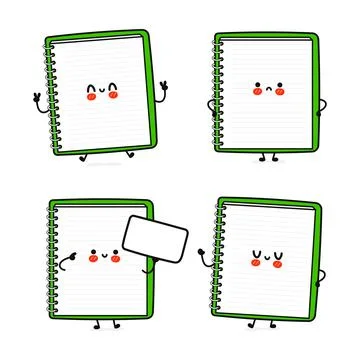 Funny cute happy note pad characters bundle set. Vector hand drawn doodle sty Stock Illustration