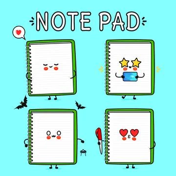 Funny cute happy Note pad characters bundle set. Vector hand drawn doodle s.. Stock Illustration