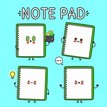 Funny cute happy Note pad characters bundle set. Vector hand drawn doodle s.. Stock Illustration