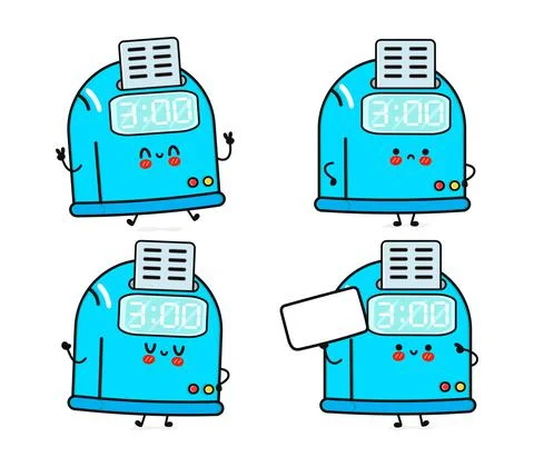 Funny cute happy punch clock characters bundle set. Vector hand drawn doodle  Stock Illustration