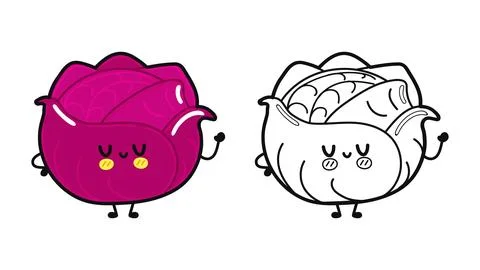 Funny cute happy red Cabbage characters bundle set. Vector hand drawn carto.. Stock Illustration