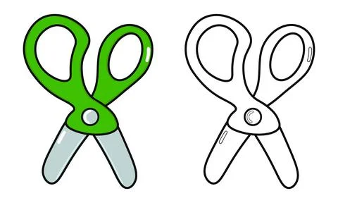 Funny cute happy Scissors characters bundle set. Vector hand drawn cartoon .. Stock Illustration