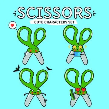 Funny cute happy Scissors characters bundle set. Vector hand drawn doodle s.. Stock Illustration