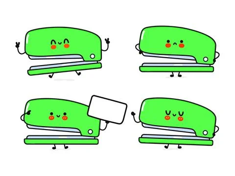 Funny cute happy stapler characters bundle set. Vector hand drawn doodle styl Stock Illustration