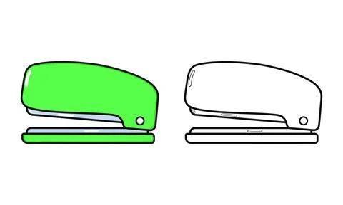 Funny cute happy Stapler characters bundle set. Vector hand drawn cartoon k.. Stock Illustration