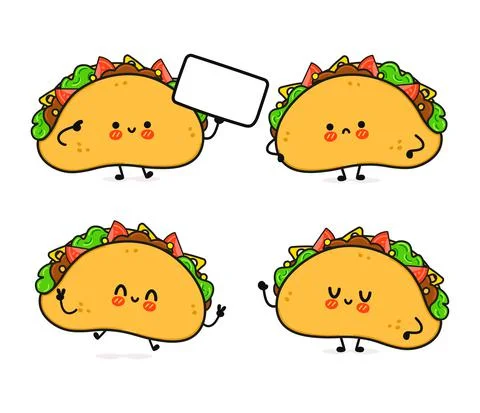 Funny cute happy taco characters bundle set. Vector kawaii line cartoon style Illustrazione stock