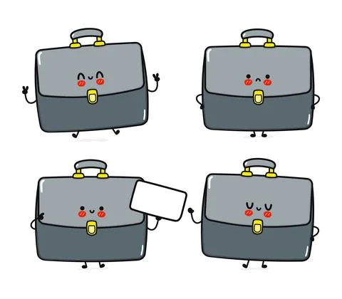 Funny cute happy work bag characters bundle set. Vector hand drawn doodle sty Stock Illustration