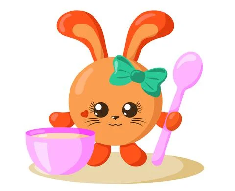 Funny cute kawaii hare or rabbit with round body, spoon and bowl in flat design  Stock Illustration