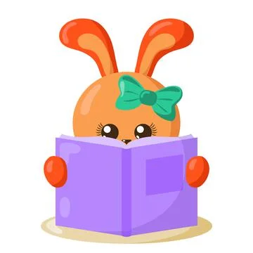 Funny cute kawaii hare or rabbit reading book in flat design with shadows Stock Illustration