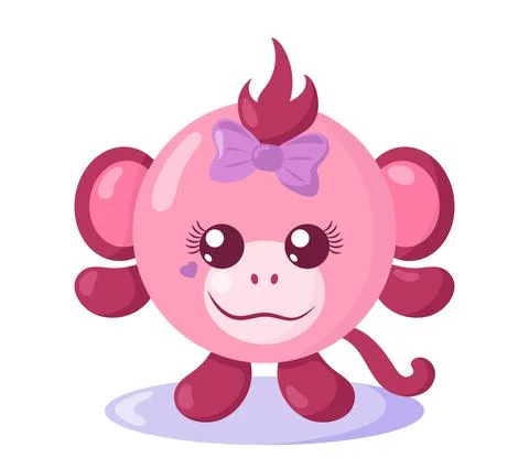 Funny cute kawaii monkey with round body in flat design with shadows. Stock Illustration