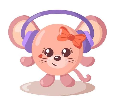 Funny cute kawaii mouse with headphones and round body in flat design  Stock Illustration