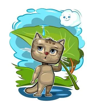 Funny cute Kitten with a leaf instead of an umbrella. Hiding from the rain. T Stock Illustration