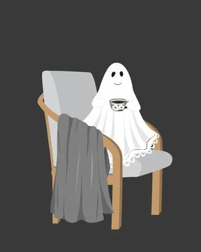 Funny cute lace-sheet ghost sitting in a cozy chair with a hot drink. Hallo.. Stock Illustration
