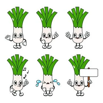 Funny cute leek characters bundle set. Vector hand drawn doodle style traditi Stock Illustration