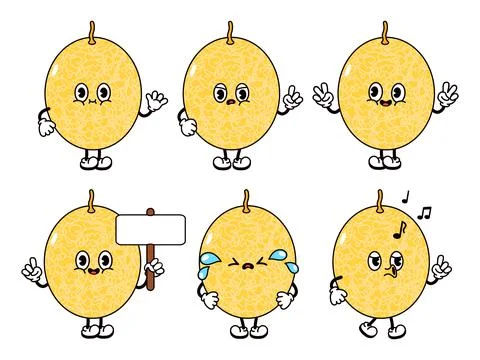 Funny cute melon characters bundle set. Vector hand drawn doodle style tradit Illustrazione stock